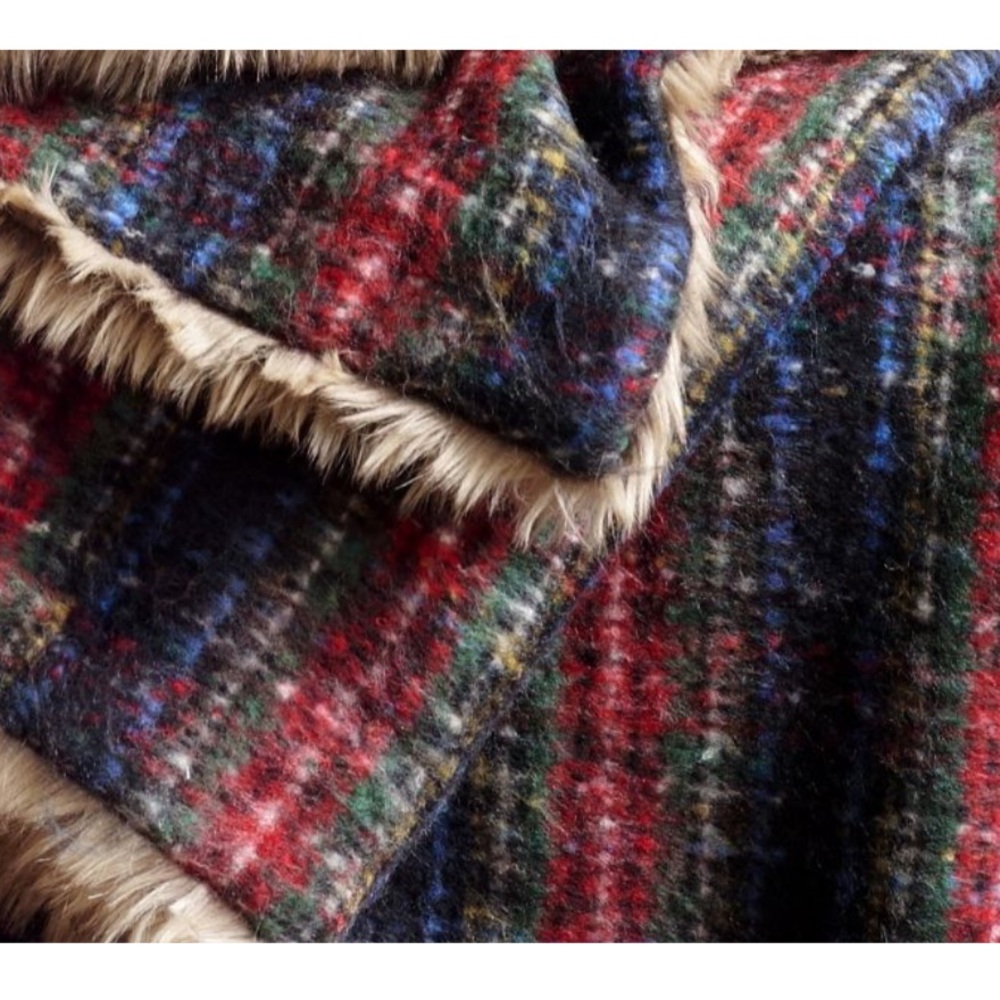 Pottery Barn Stewart Plaid Faux Fur Throw Blanket black/navy/red - Picture 2 of 5